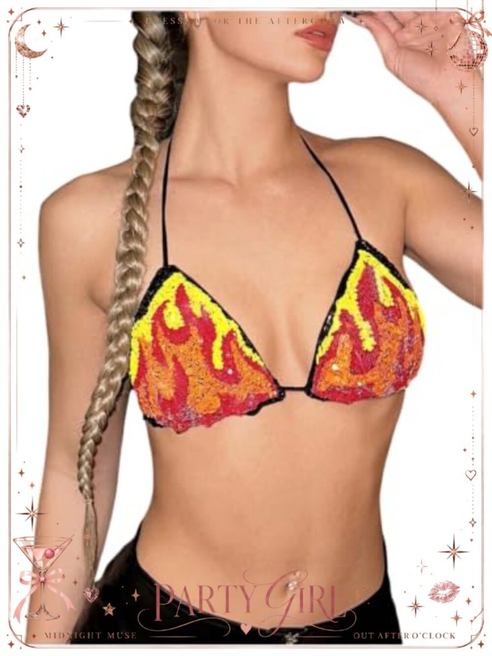 Sequin Flame Halter Crop Top Tie Backless Y2K Summer Shirt